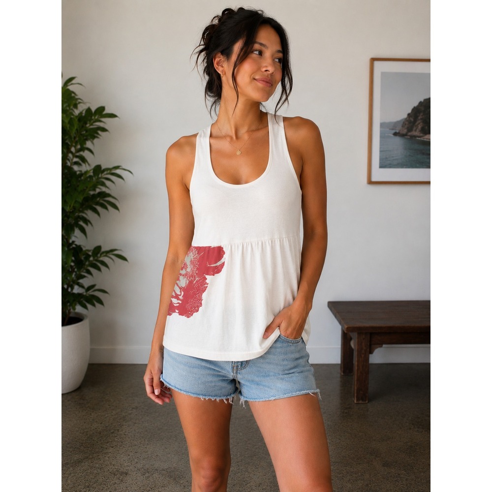 Industry White Floral Racerback Tank Top Women Babydoll Sleeveless Size (XS)